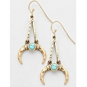 Gold Hammered Turquoise Stone Horn Hook Earrings